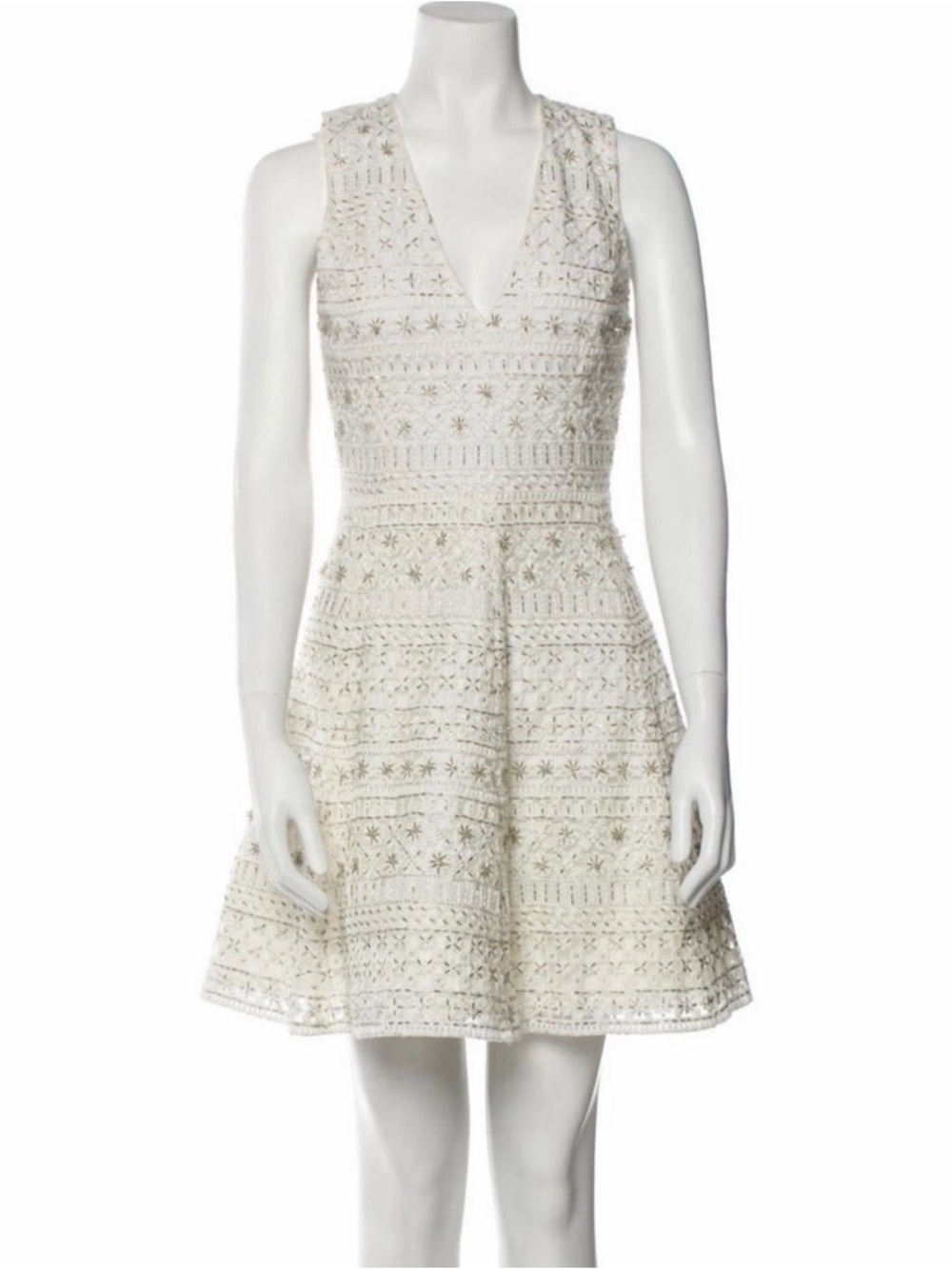 Alice + Olivia Cream V-Neck Beaded Fit & Flare Mini Dress